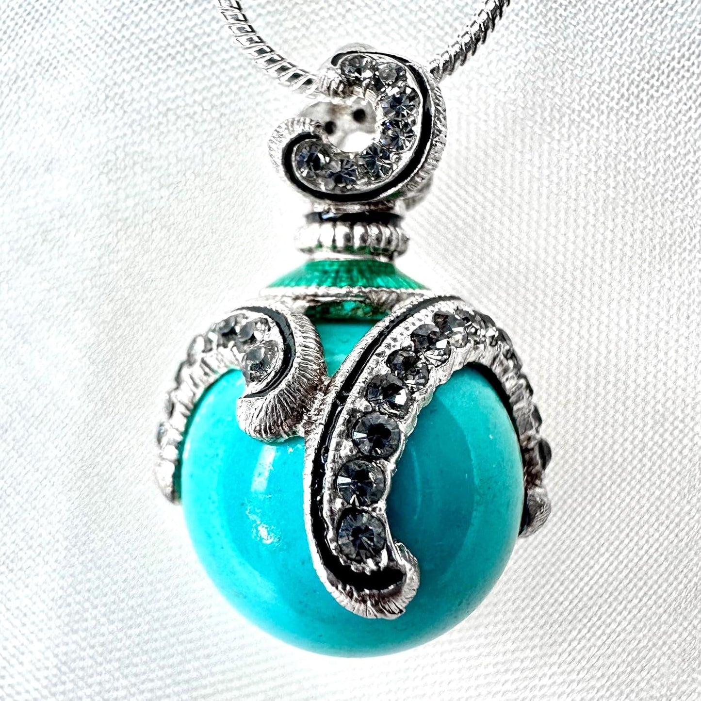 Sterling Silver Necklace Turquoise Pendant Black Diamond Crystals Enamel 24 Inch Chain - WORLD TIME VISITS