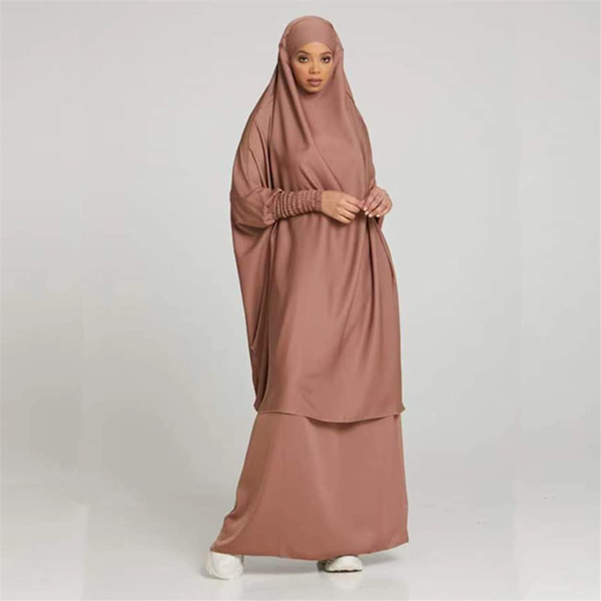 Women Muslim 2 Set Solid Color plus Long Sleeve Thobe One-Size Longuette Overall Abaya Thobe with Hoodied Hijab - WORLD TIME VISITS