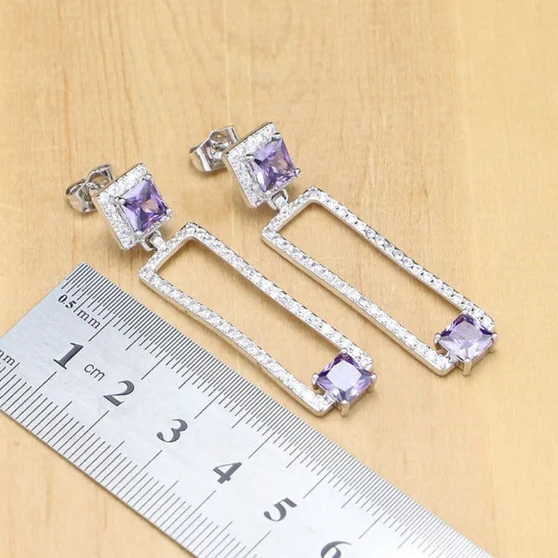 Natural 925 Silver Jewelry Sets Purple Amethyst White Crystal Decoration For Women Earrings/Pendant/ Rings/Bracelet/Necklace Set