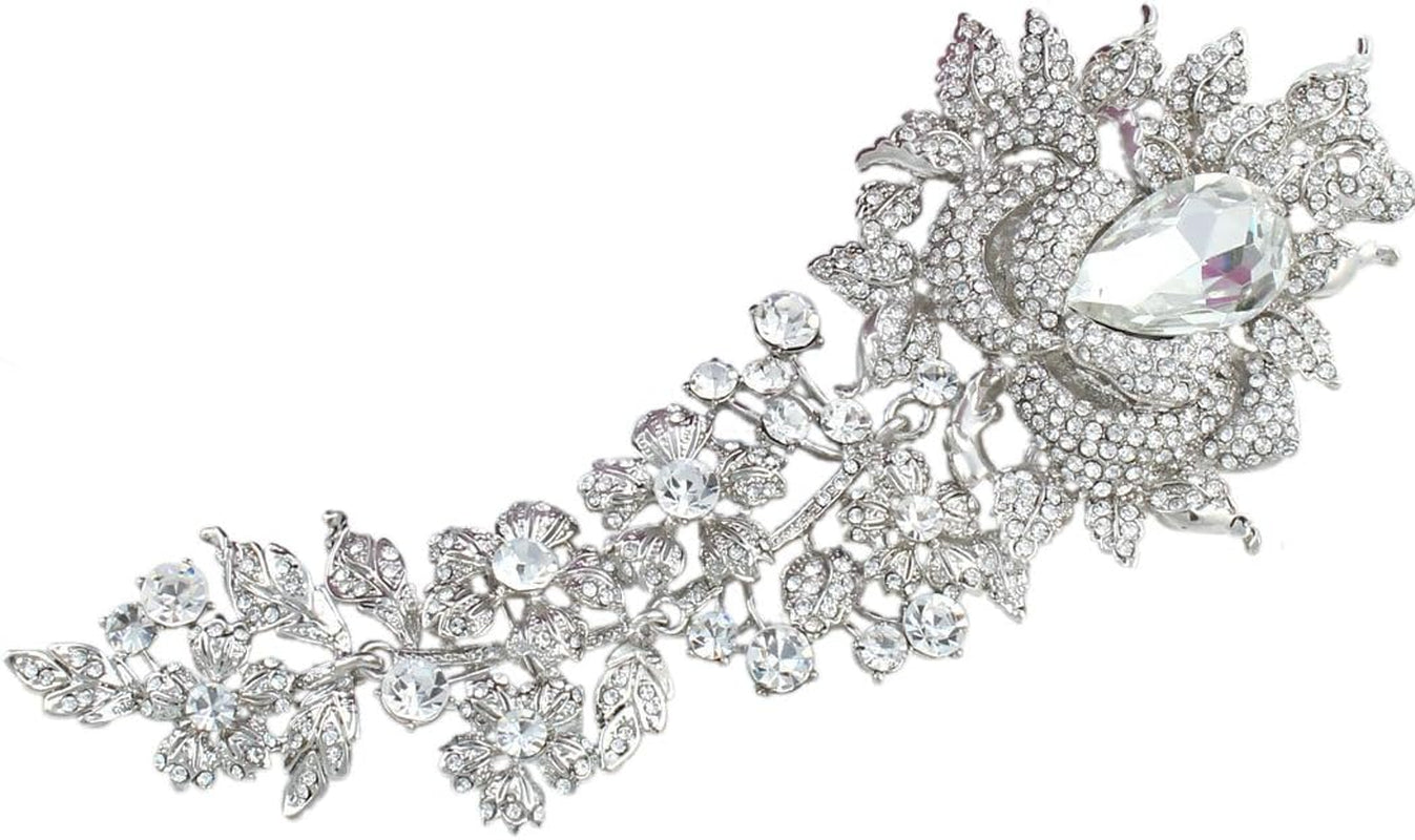 Rhinestone Crystal 8 Inch Elegant Bridal Rose Flower Bud Brooch Clear Silver-Tone