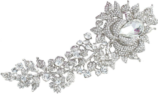 Rhinestone Crystal 8 Inch Elegant Bridal Rose Flower Bud Brooch Clear Silver-Tone