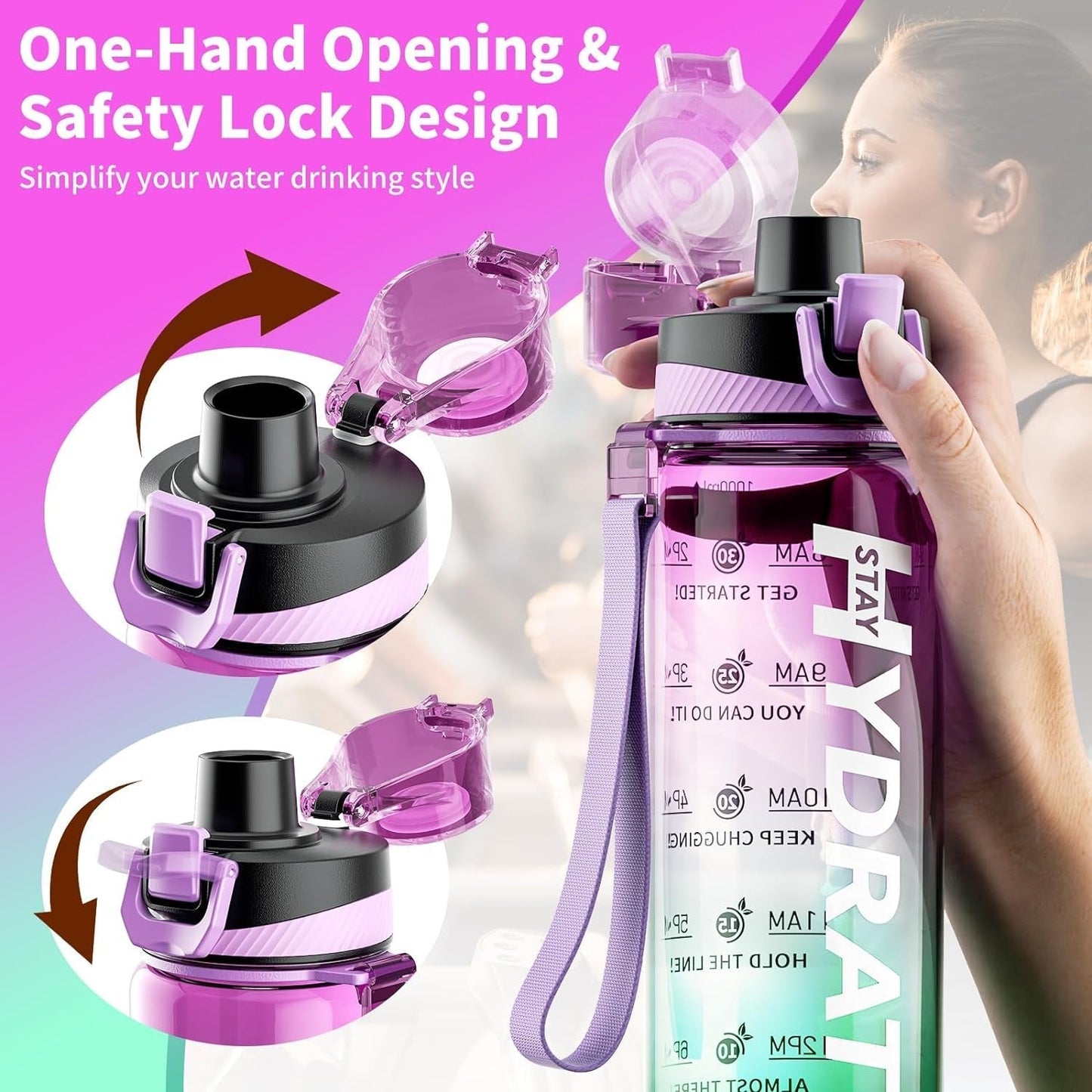 Water Bottle, 32 Oz Motivational Water Bottles with Time Marker-Tritan & BPA Free, Sports Water Bottle with Time to Drink & Strap, Wide Mouth, Leakproof -Gift for Christmas Gym Fitness & Outdoor