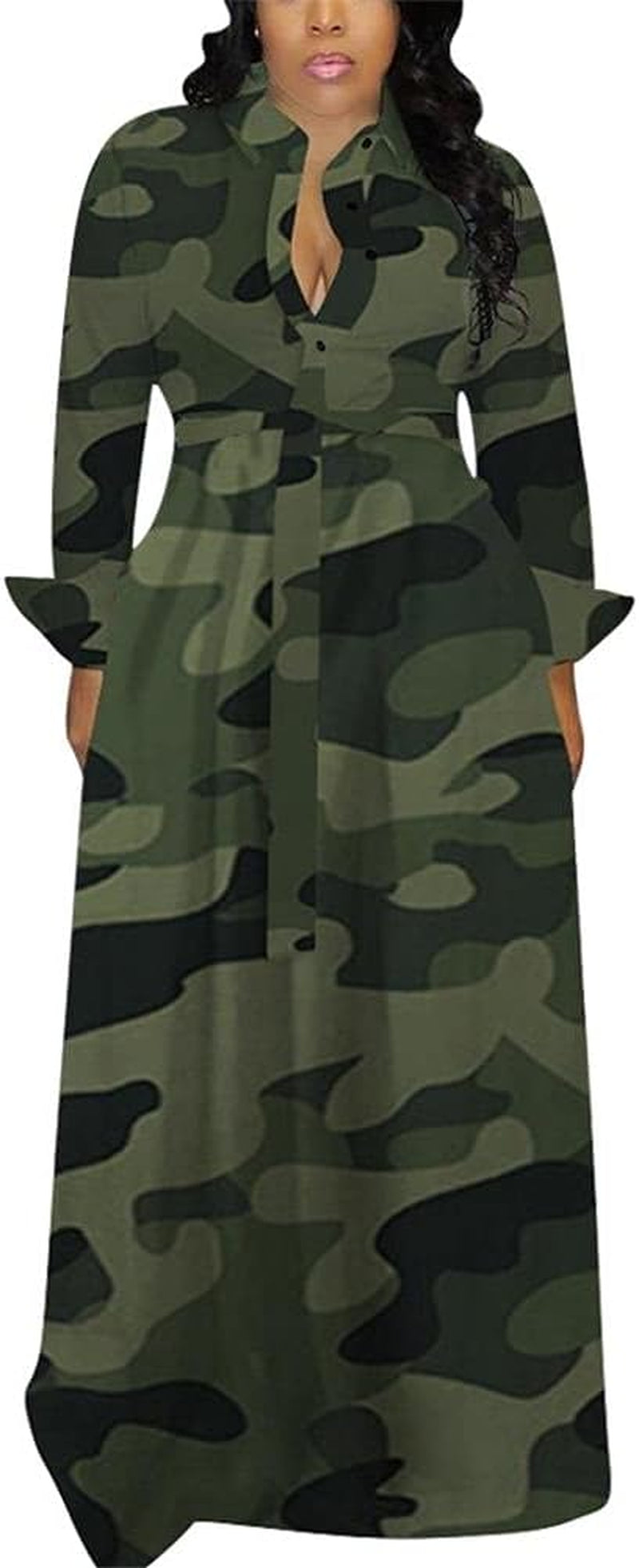 Women'S Long Sleeve V Neck Long Maxi Dress Loose African Floral Print a Line Skirt Dresses plus Size with Belt