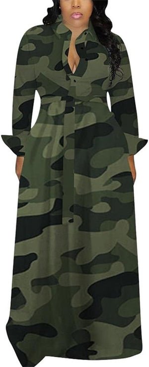 Women'S Long Sleeve V Neck Long Maxi Dress Loose African Floral Print a Line Skirt Dresses plus Size with Belt