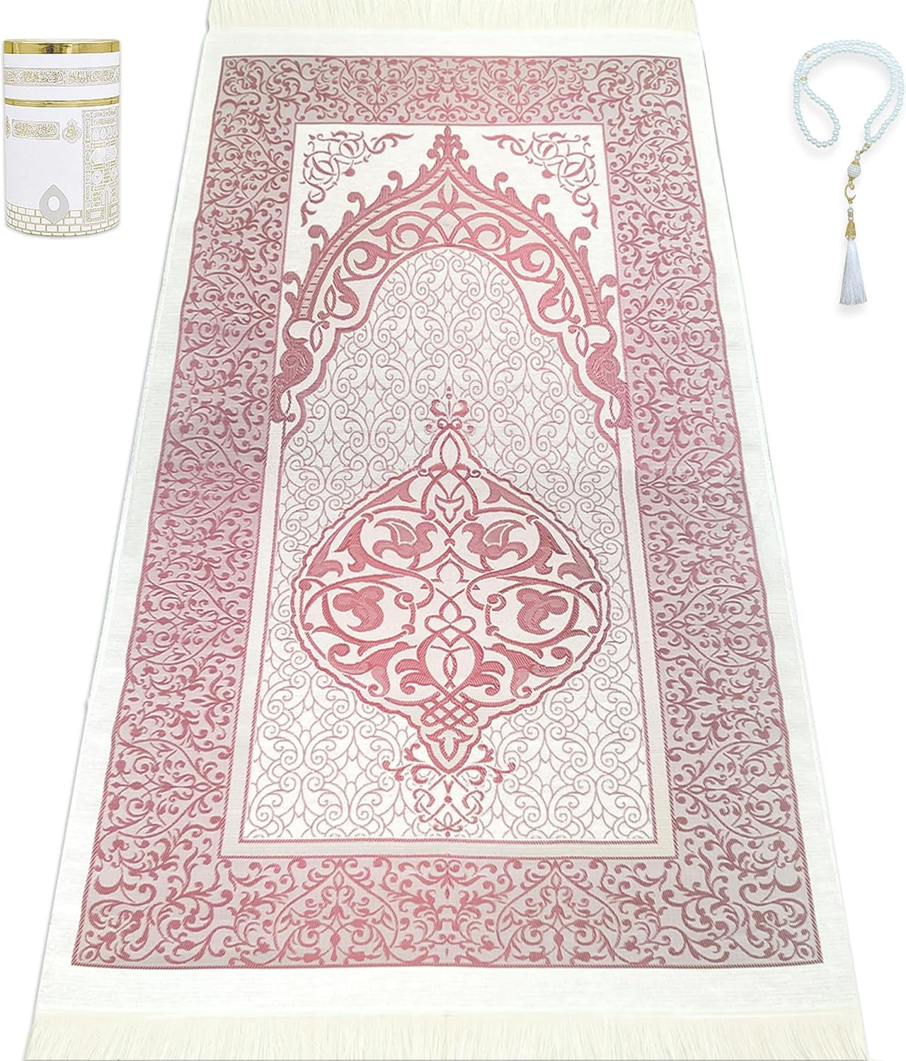 Muslim Prayer Rug Islam and Beads, Kaabe Design Box Eid Ramadan Gifts Islamic Set Carnal Salah Mat Taffeta Fabric Black Soft Prayer Mats Men and Women (Pink) - WORLD TIME VISITS