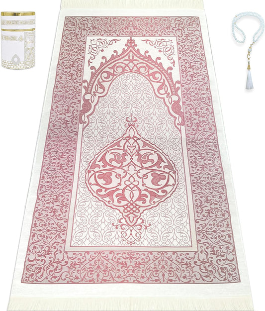 Muslim Prayer Rug Islam and Beads, Kaabe Design Box Eid Ramadan Gifts Islamic Set Carnal Salah Mat Taffeta Fabric Black Soft Prayer Mats Men and Women (Pink) - WORLD TIME VISITS