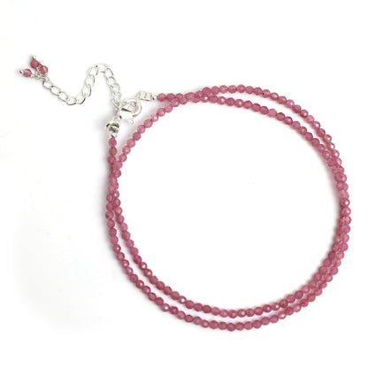 Gempires Pink Tourmaline Beaded Choker Necklace, Pink Crystal Beads Necklace, October Birthstone, 2.4-2.5 Mm Bead, Pink Fashion Jewelry, 18 Inch Silver Plated Adjustable Chain