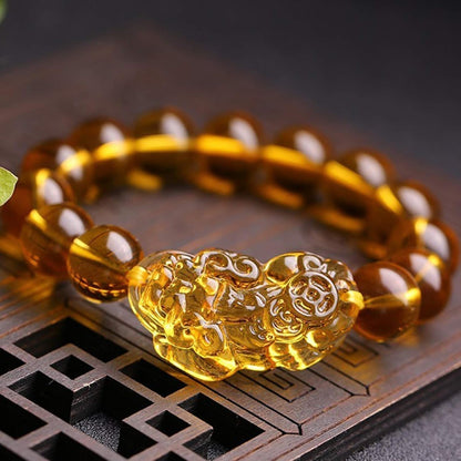Feng Shui Yellow Quartz Pixiu Pi Yao Bracelet Wealth Crystal Bracelet Attracts Wealth Yellow Bracelet Ward off Evil Spirits Couple Bracelet Amulet,12Mm