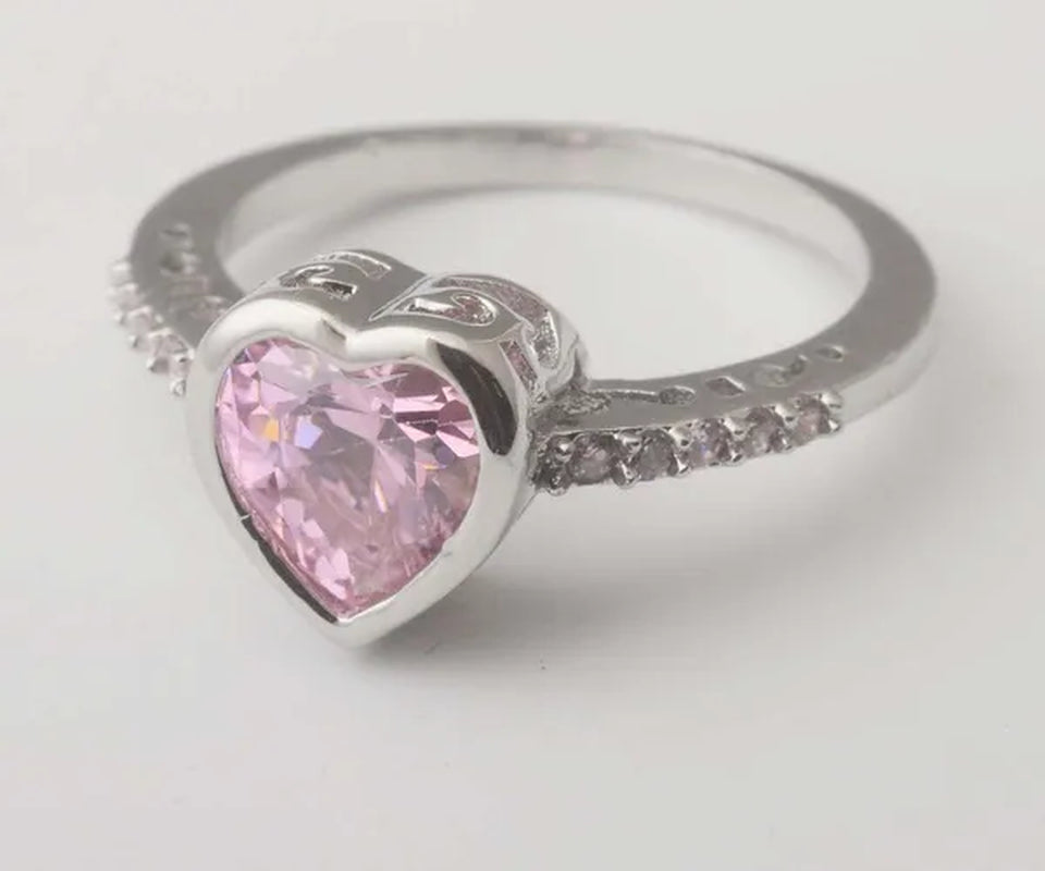 8Mm Heart Cut Pink Topaz 925 Sterling Silver Gemstone Wedding Ring Size 6-10 US Size