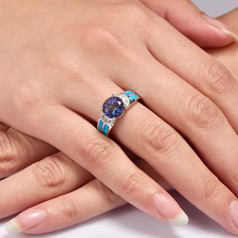 Blue Rainbow Topaz Gemstone Blue Fire Opal 925 Sterling Silver Ring Size 6 7 8 9 10