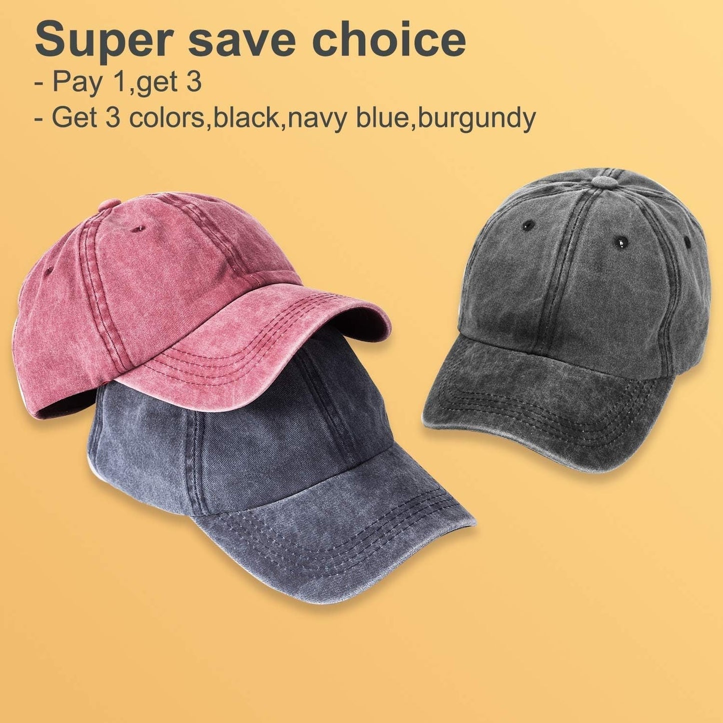 3 Pack Washed Plain Baseball Cap, Retro Adjustable Dad Hats Gift for Men/Women,Unstructured/Cotton