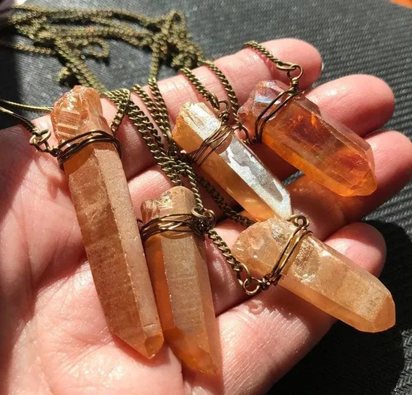 Raw Tangerine Titanium Citrine Crystal Necklace - Handmade Healing Burnt Orange Boho Jewelry