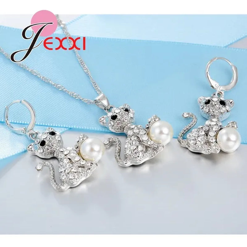 Cute Cat With Fine CZ Diamond And Pearl Ball 925 Sterling Silver Fashion Jewelry Set With Necklace/Earings Wholesale