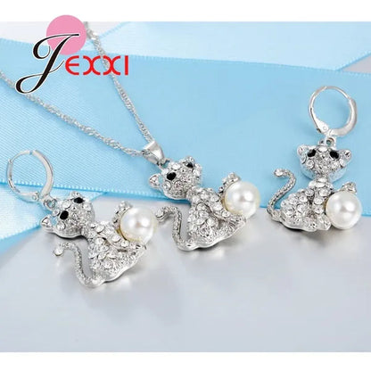 Cute Cat With Fine CZ Diamond And Pearl Ball 925 Sterling Silver Fashion Jewelry Set With Necklace/Earings Wholesale