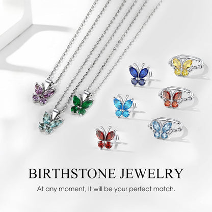 Sterling Silver Birthstone Rings for Women, Dainty Butterfly Stackable Ring Adjustable Ideal Valentine'S Gifts for Her