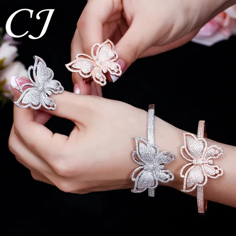 CANDICE High Quality Rose White Gold Plated Full Pave Tiny Crystal Stone Big Butterfly Shape Ring and Bangle Bracelet Party Jewelry Set for Women Christmas Gift