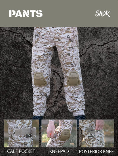 Military Uniform, Camo Long Sleeve Shirt Men & G3 Combat Pants with Knee Pads, Fishing, Hunting, Paintball, Airsoft Clothes