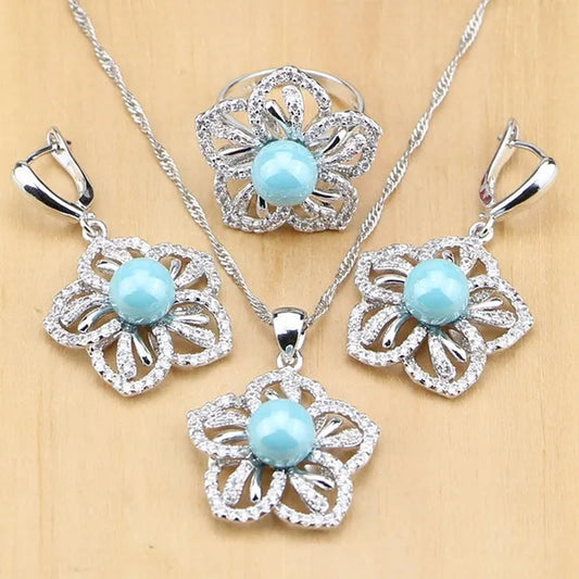 Flower 925 Silver Jewelry Set Blue Pearl With Beads Pendant Drop Earrings Rings Necklace  For Women - WORLD TIME VISITS