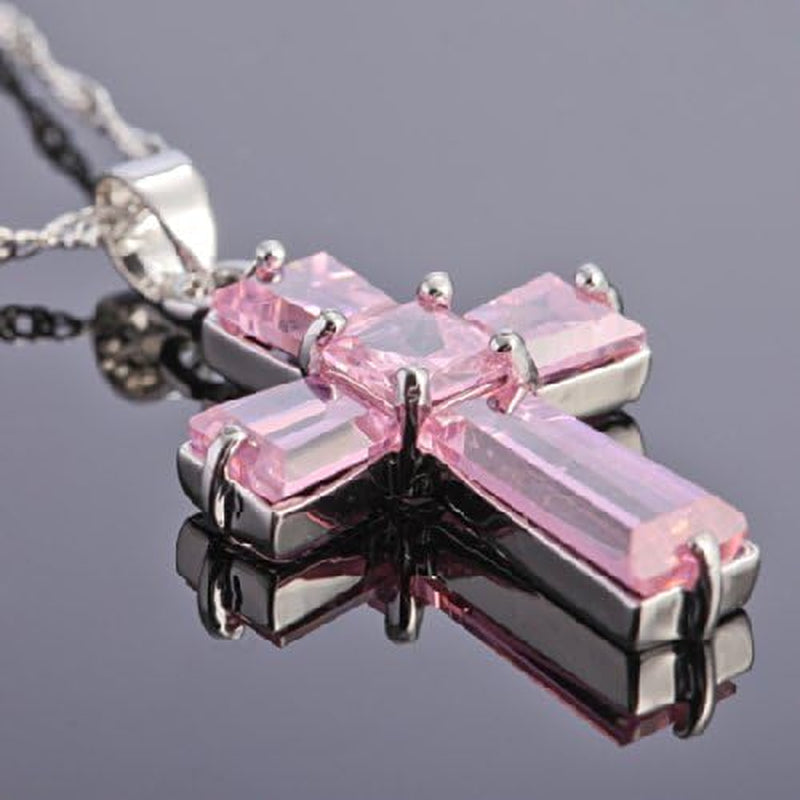Cross Pendant with 18" Chain & Trapezoid Square Cut CZ [7 Colors Available] in White Gold Plated, Simple Modern Elegant