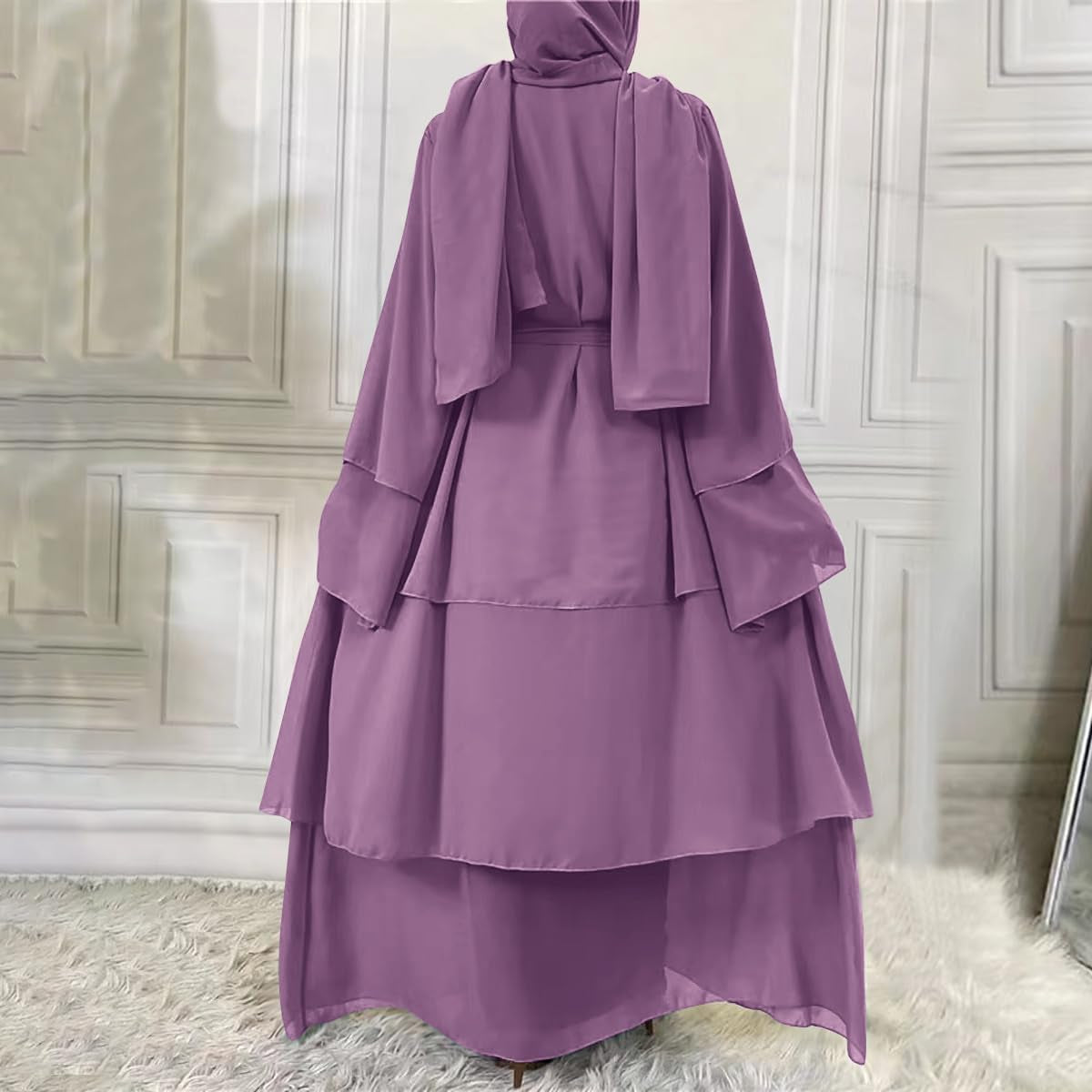 Muslim Chiffon Abaya for Women Open Front Cardigan Modest Dress with Hijab Scarf Middle East Arabian Robe Islamic Long Dress