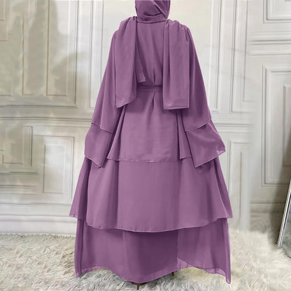 Muslim Chiffon Abaya for Women Open Front Cardigan Modest Dress with Hijab Scarf Middle East Arabian Robe Islamic Long Dress