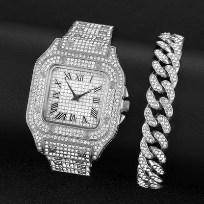 24K Gold / 925 Silver / Rose Gold Stainless Steel Hip Hop Jewelry Iced Out Diamond Thick Miami Cuban Link Chain Necklace Bracelet Watch for Men's and Women's Party Jewelry Set Nightclub Bar Fashion Accessories