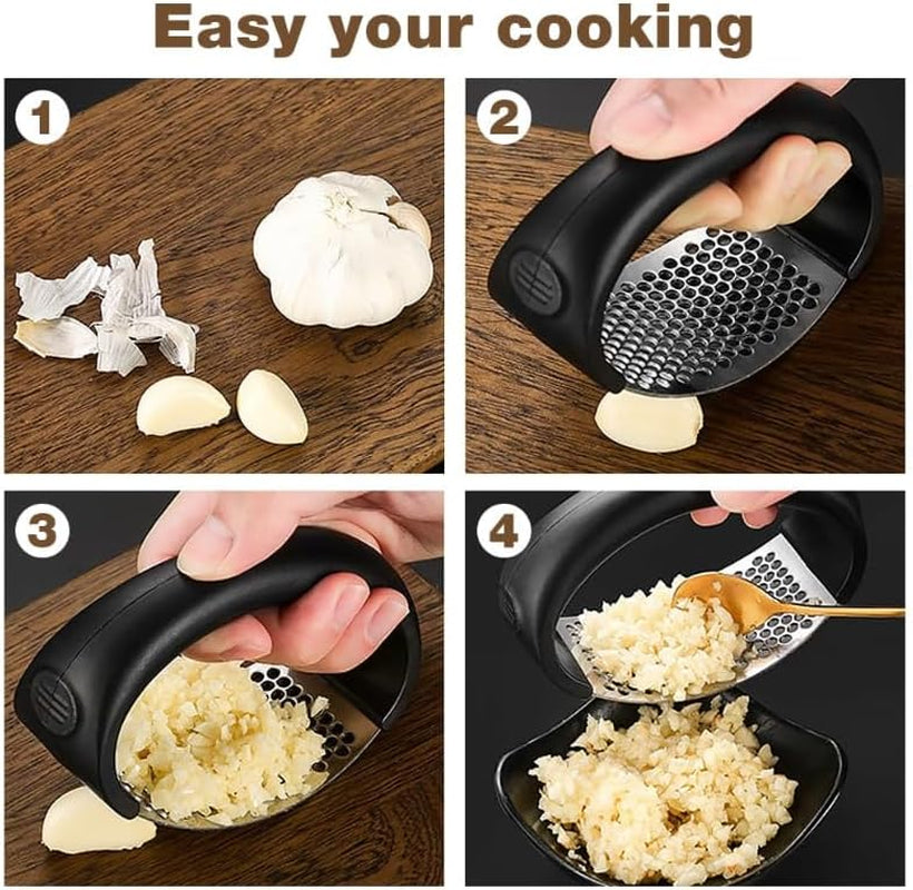 Garlic Press Rocker, Portable Manual Stainless Steel Garlic Press Rocker Crusher Masher with Garlic Peeling Drum for Home Kitchen Utensils (Black)