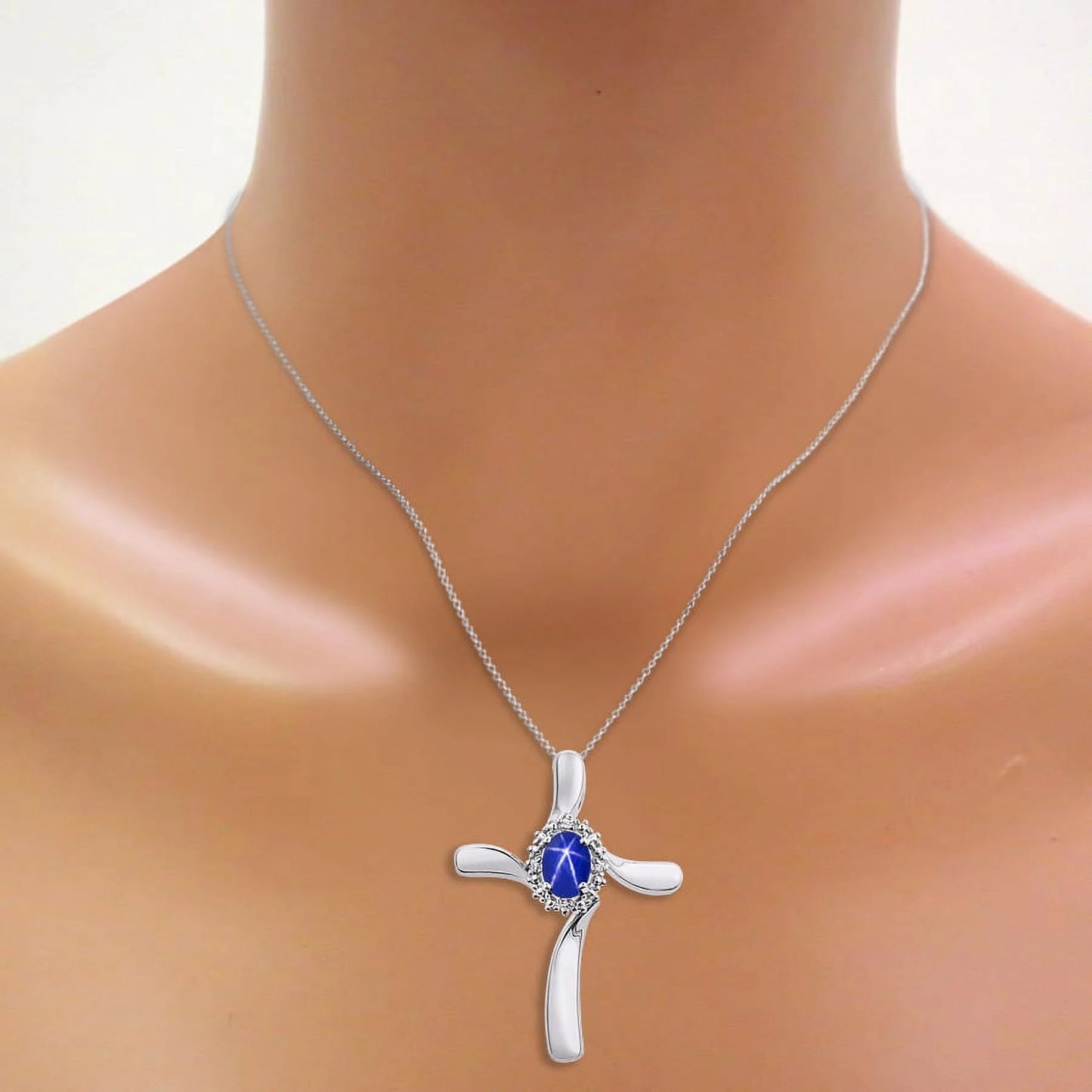 Diamond & Blue Star Sapphire Cross Pendant Necklace Set in Sterling Silver .925 with 18" Chain