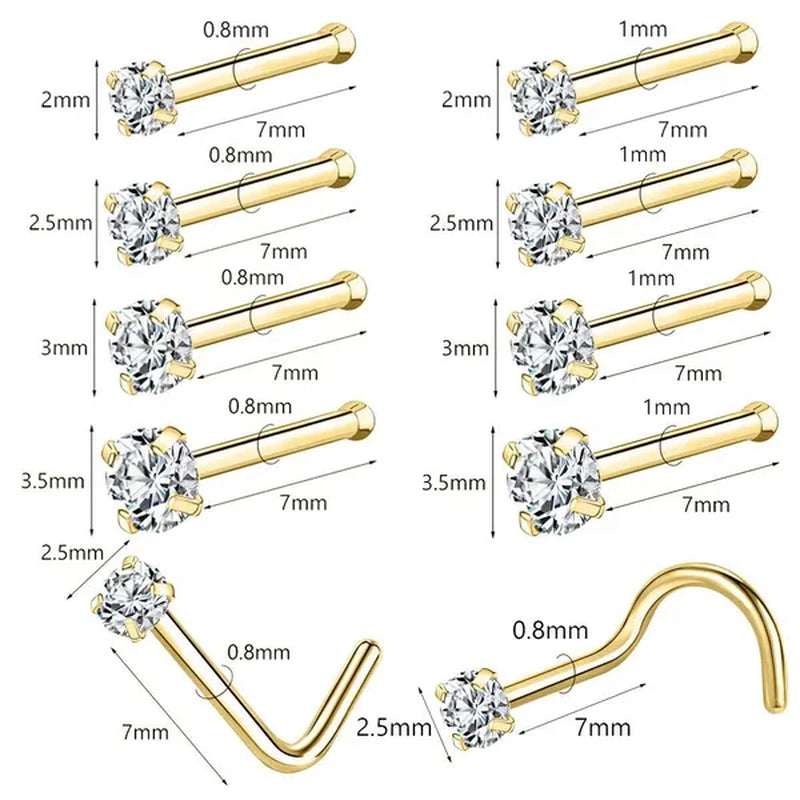 8Pcs 20G/18G 925 Sterling Silver Nose Stud Set Cubic Zircon Nose Piercing L Shaped/Nose Bone/Nose Screws Rings Nostril Piercing Jewelry