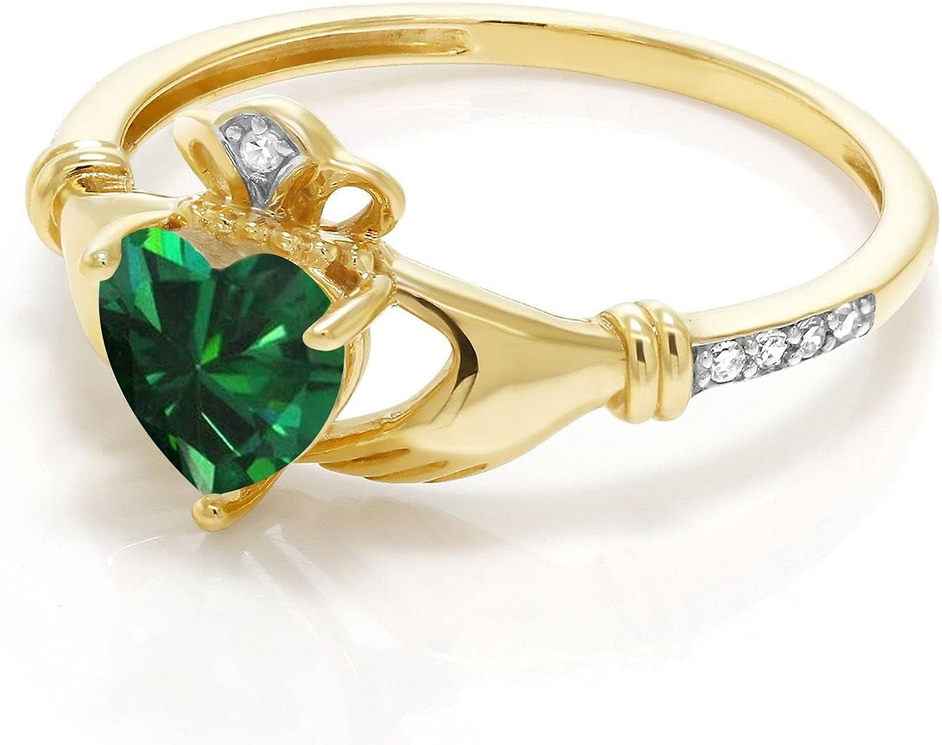 10K Yellow Gold Green Simulated Emerald and Diamond Accent Irish Celtic Claddagh Ring for Women (0.74 Cttw, Available in Size 5, 6, 7, 8, 9)