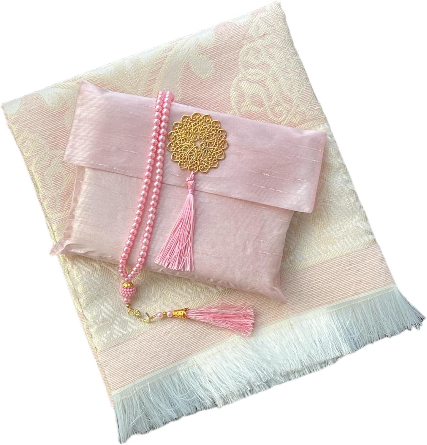 Muslim Prayer Rug and Beads with Elegant Slub Fabric Bag | Janamaz | Sajadah | Soft Islamic Prayer Rug | Islamic & Mawlid Gifts | Prayer Carpet Mat, Taffeta Fabric (Pink, 1 Sets)