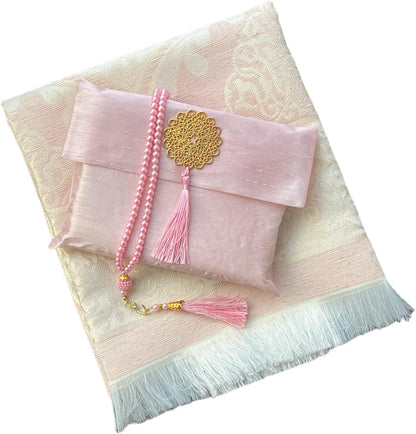 Muslim Prayer Rug and Beads with Elegant Slub Fabric Bag | Janamaz | Sajadah | Soft Islamic Prayer Rug | Islamic & Mawlid Gifts | Prayer Carpet Mat, Taffeta Fabric (Pink, 1 Sets)