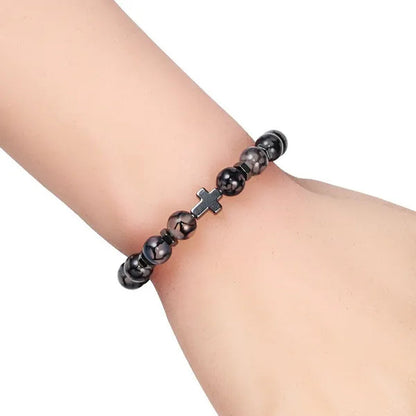 Hot Men Natural Tiger Eye Beads Hematite Cross Bracelets Onyx Meditation Prayer Bead Bracelet Women Stone Yoga Jewelry Homme