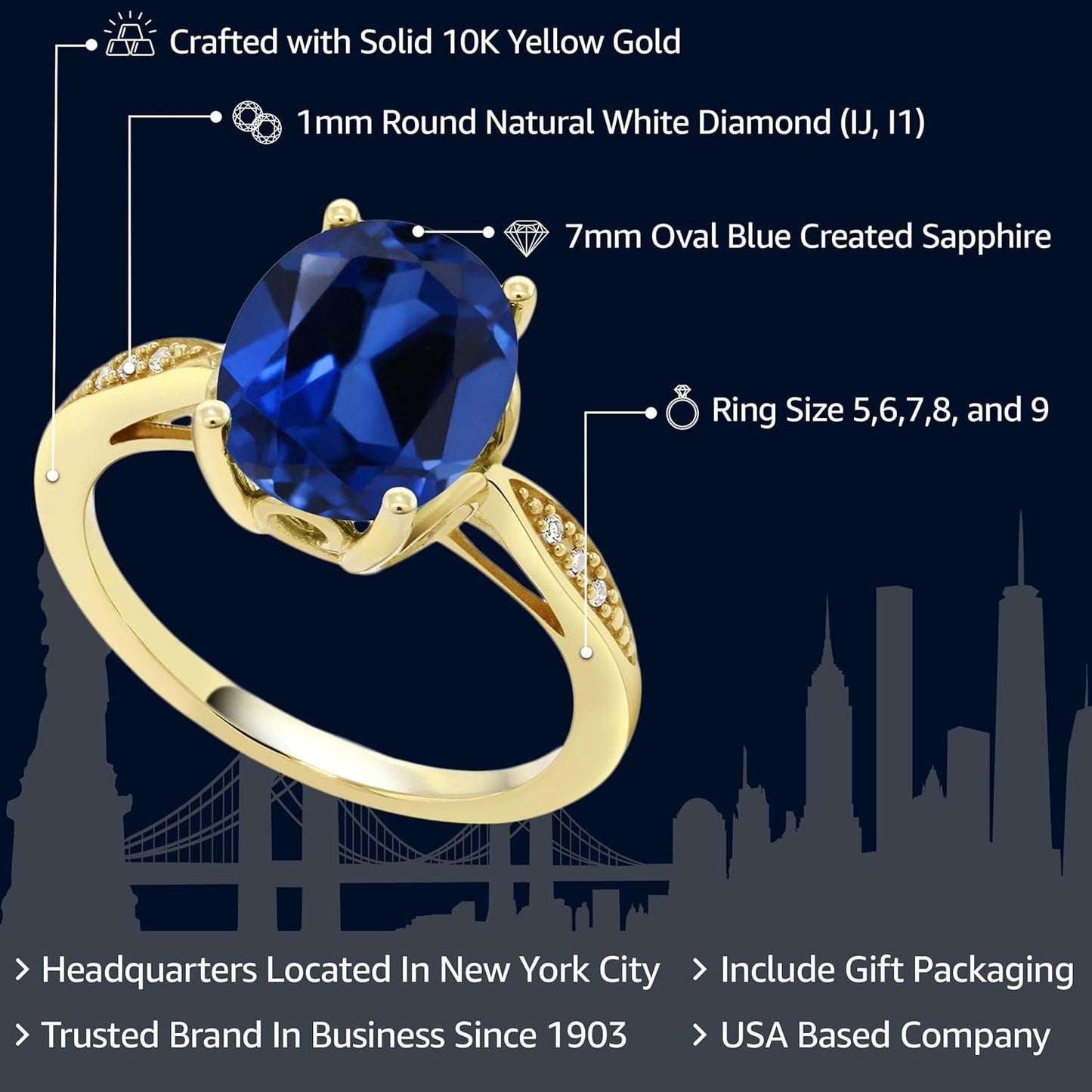 14K Yellow Gold 10X8MM Oval Gemstone Birthstone and White Diamond Engagement Ring | Wedding Anniversary Promise Gold Ring for Women | Size 5,6,7,8,9 - WORLD TIME VISITS