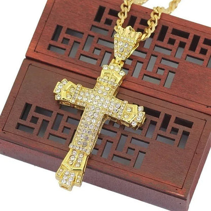 Fashion 24K Gold 925 Silver Cross Diamond Pendant Men's Punk Jewelry Rhinestone Religious Pendant Necklace