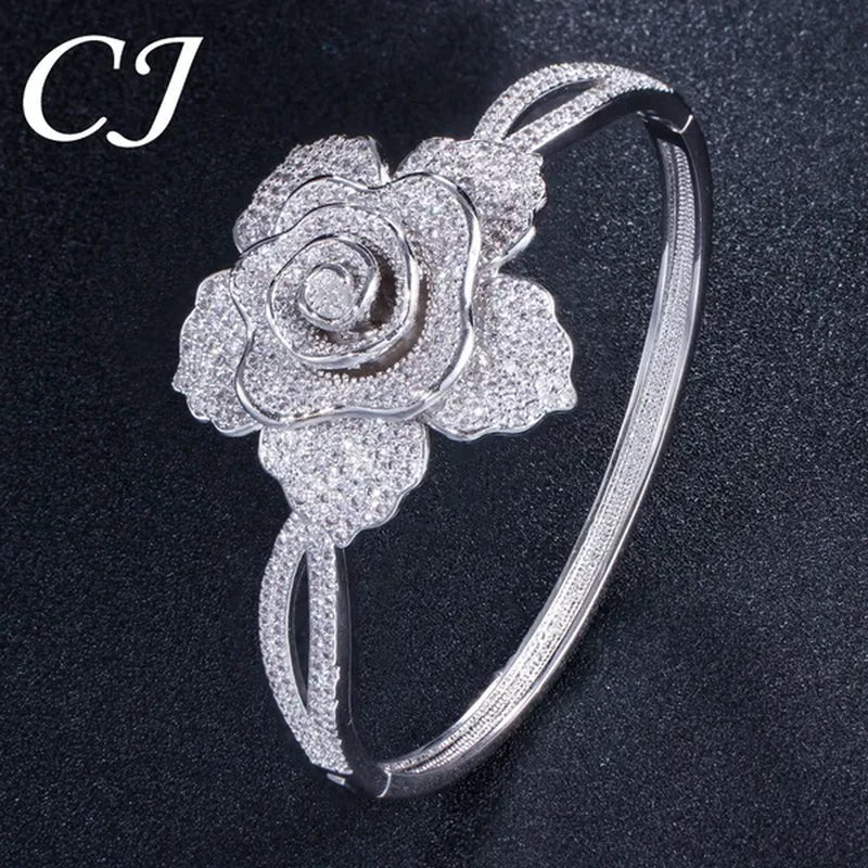 CANDICE Exquisite Open Cuff Style Paving Cubic Zirconia White Gold Plating Women Large Flower Bangle Bracelets Jewelry for Evening Party Wedding