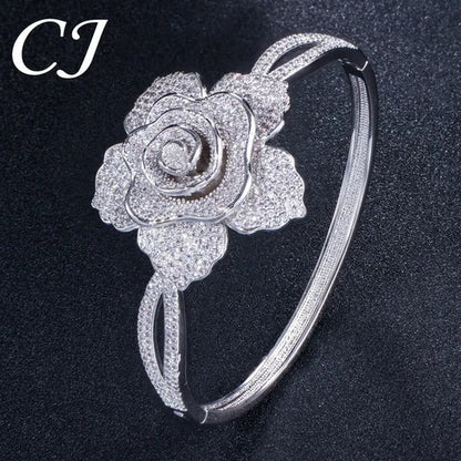 CANDICE Exquisite Open Cuff Style Paving Cubic Zirconia White Gold Plating Women Large Flower Bangle Bracelets Jewelry for Evening Party Wedding