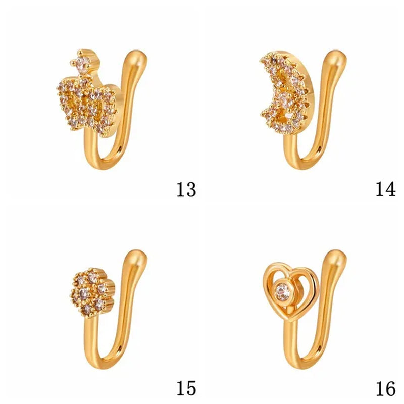 1 PC Crystal Diamond Zircon Star Heart Moon Fake Piercing Nose Ring Copper Spiral Non Piercing Clip on Nose Ring Ear Clips Cuff Fashion Body Jewelry
