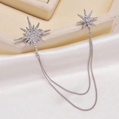 Silver Rhinestone Star Brooch for Women Girls Men Fashion Crystal Snowflake Tassel Lapel Pins Dress Suit Accessories Bouquet Dainty Jewelry Winter Holiday Dancing Party Ceremony Banquet Decoration