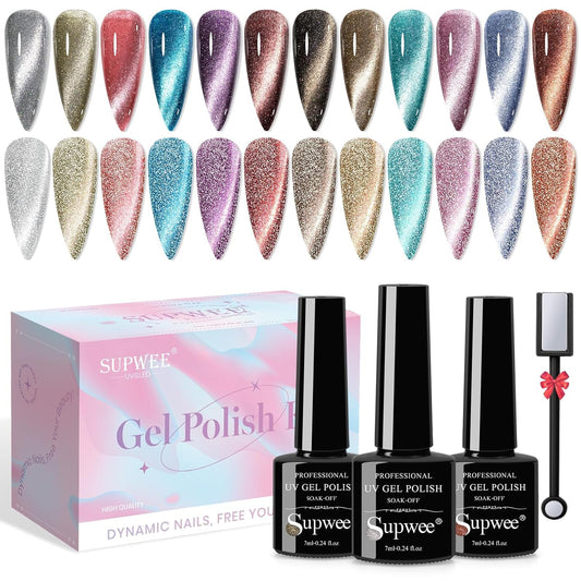 Reflective Cat Eye Gel Nail Polish Sparkling Holographic Magnetic Nail Polish Gel 9D Cateye Gel Polish Set 12 Colors with Magnet for Home DIY Manicure Nail Salon