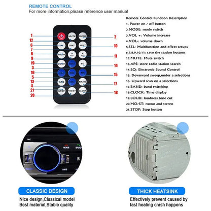 New Upgrade 1 Din Audio MP3 Player 12V In-Dash Single Din Bluetooth Car Radio Stereo Support FM Aux Input SD USB MMC Receiver with Remote Control