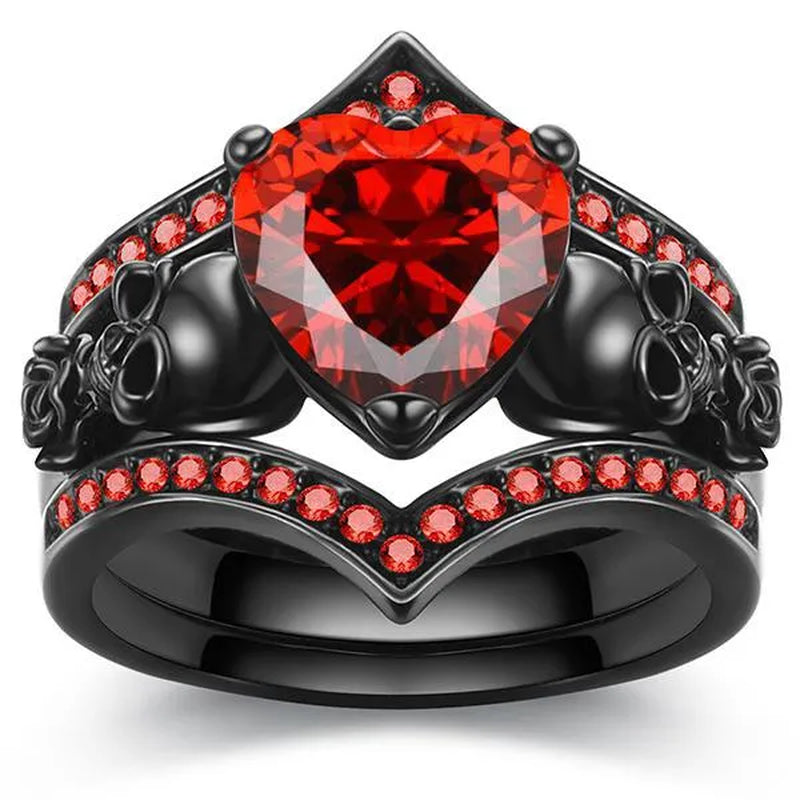 Gothic Black Rose Flower Skull Engagement Rings Set Red Purple Heart-shaped Zircon Crystal Wedding Anniversary Holiday Gift Jewelry Halloween Gifts