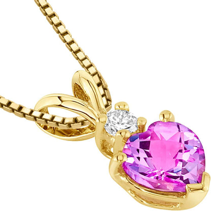 Created Pink Sapphire with Genuine Diamond Pendant in 14 Karat Yellow Gold, Heart Shape Solitaire, 6Mm, 1.15 Carats Total