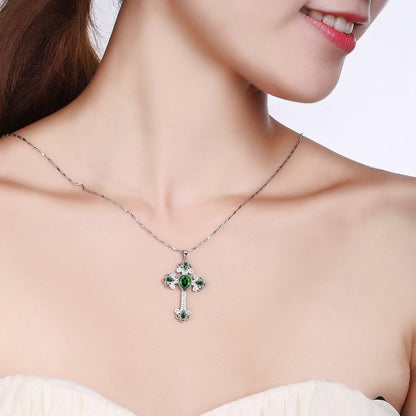 925 Sterling Silver Created Emerald Cross Pendant Necklace for Women Religious Jewelry Rhinestone Holy Irish Charm CZ Halo Christian Faith Keepsake