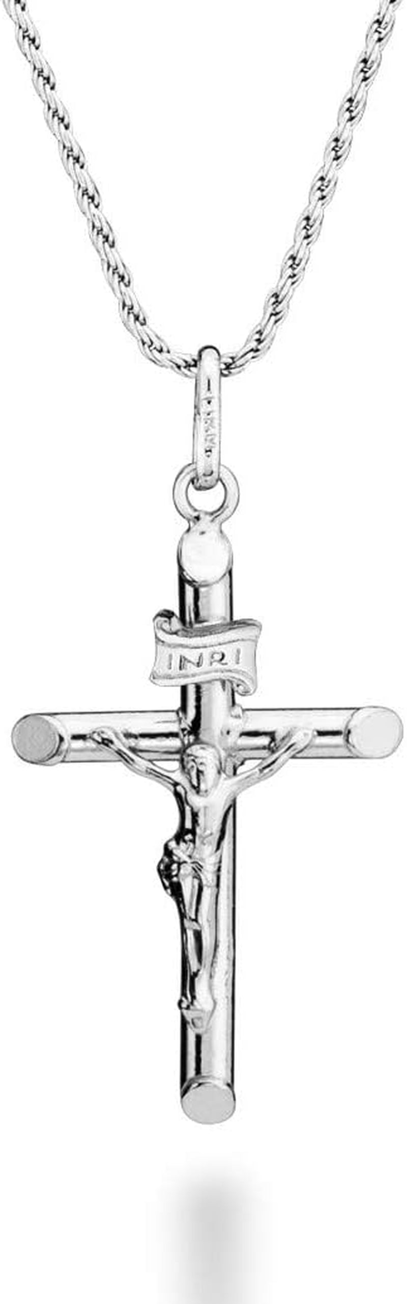 Rhodium Plated 925 Sterling Silver Small or Large Crucifix Necklace for Men Women, Cross Pendant with Rope Chain, Made in Italy - WORLD TIME VISITS