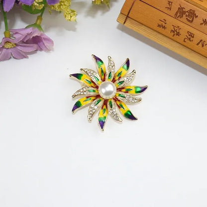 Korean Diamond Enamel Sun Flower Brooch for Woman Scarves Buckle Brooches Party