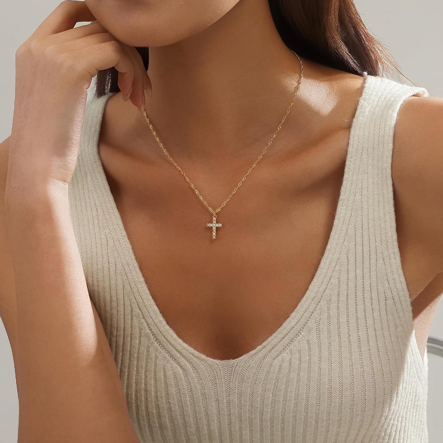 Cross Necklace for Women Trendy - Dainty 14K Gold Plated Minimalist Cross Necklace Simple Small Cross Pendant Necklaces Easter Christian Religious Faith Jewelry Christmas Gifts