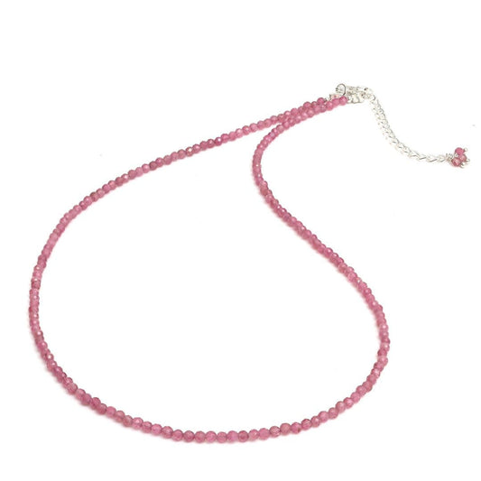 Gempires Pink Tourmaline Beaded Choker Necklace, Pink Crystal Beads Necklace, October Birthstone, 2.4-2.5 Mm Bead, Pink Fashion Jewelry, 18 Inch Silver Plated Adjustable Chain