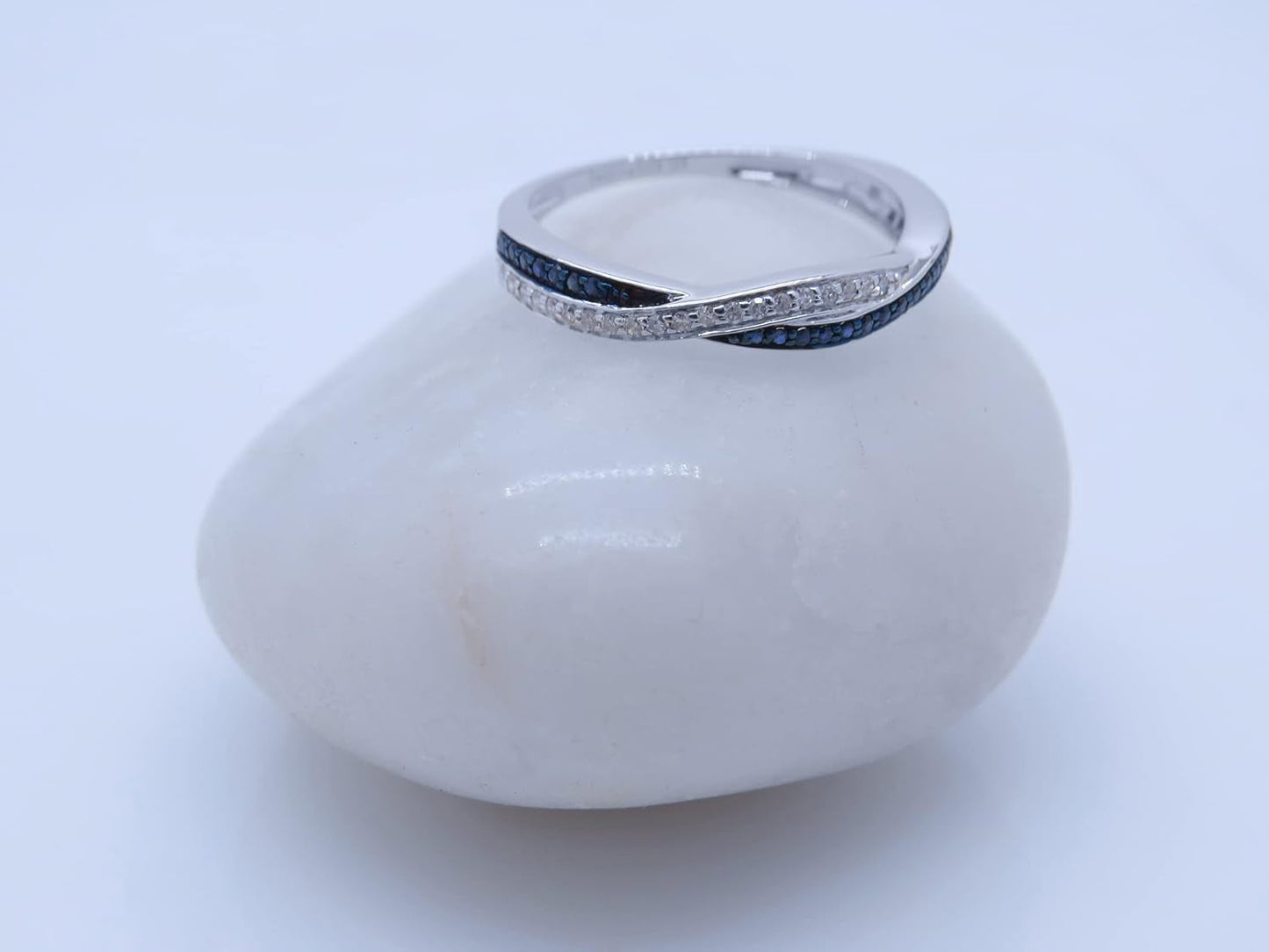round Blue Sapphire & White Diamond Swirl Wedding Ring for Women in Solid Gold