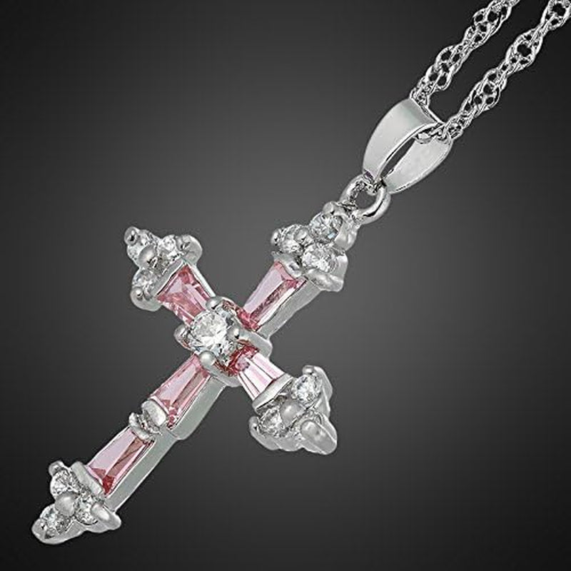 Cross Pendant with 18" Chain & Trapezoid round Cut CZ [Multi-Color] in White Gold Plated, Simple Modern Elegant
